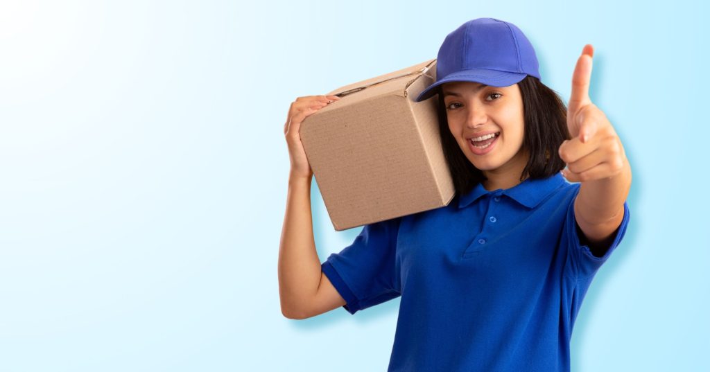 young delivery girl blue uniform