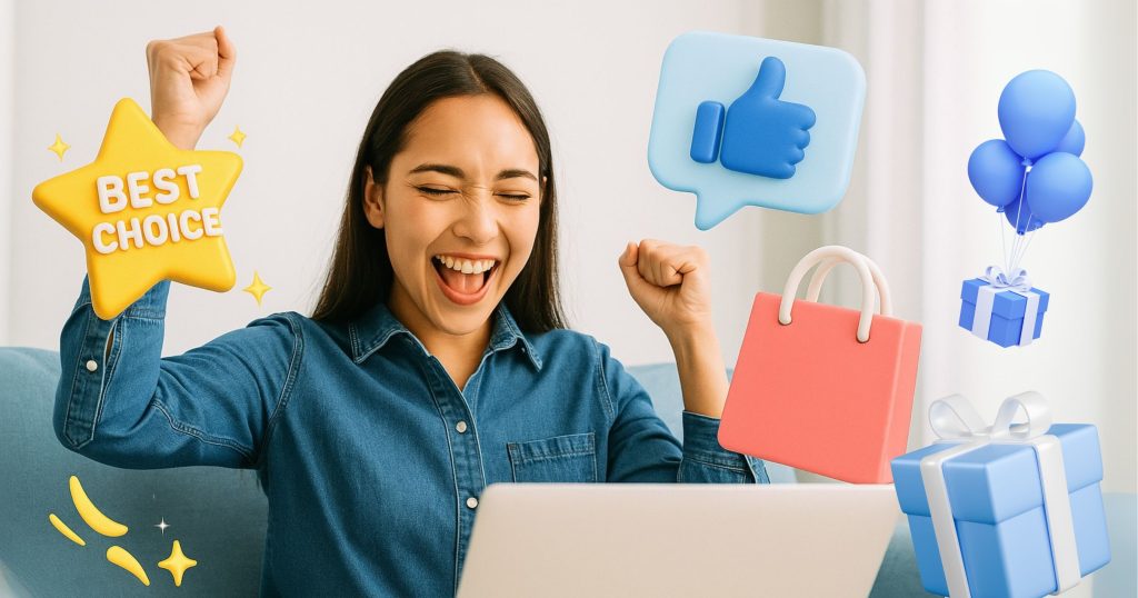 happy customer shopping online getting free gift